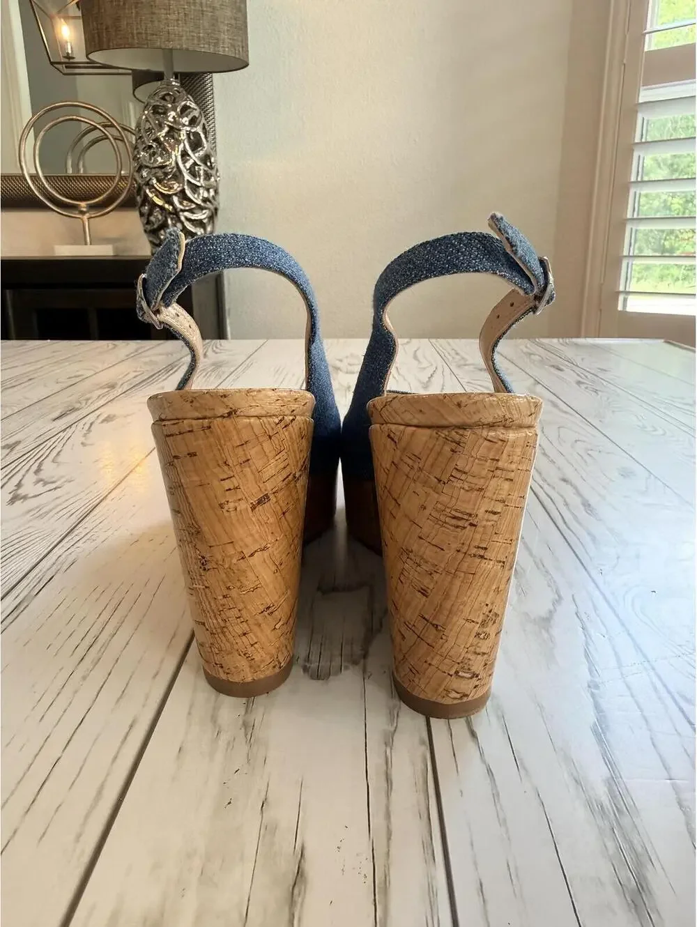 Stuart Weitzman Women's Size 6 Jean Denim Cork Wedge Peep Toe Slingback Sandals - Picture 7 of 15